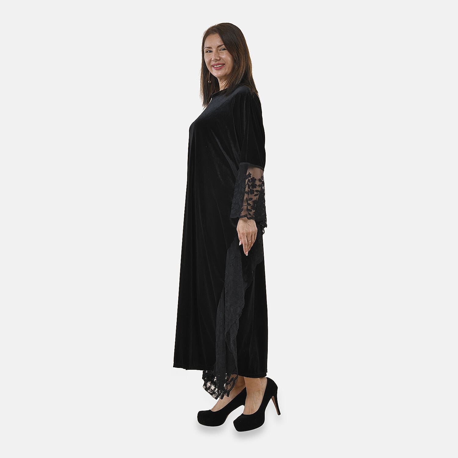 Tamsy Velvet Lace Trim Kaftan Maxi Dress (Size- 8-22) - Black