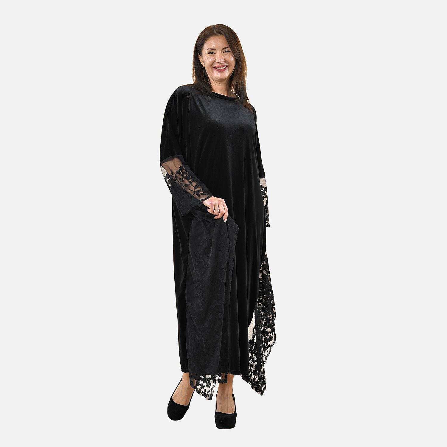 Tamsy Velvet Lace Trim Kaftan Maxi Dress (Size- 8-22) - Black