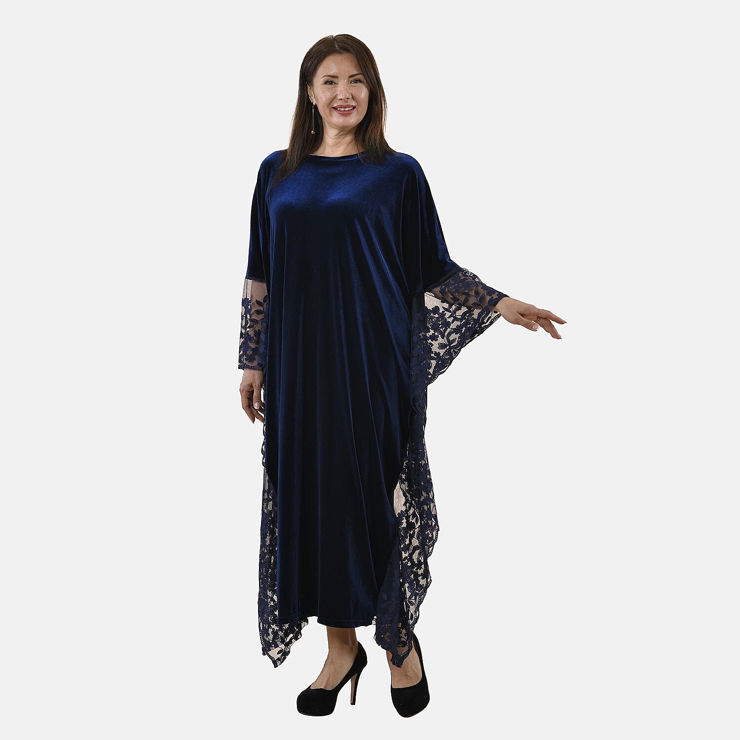 Tamsy Velvet Lace Trim Kaftan Maxi Dress (Size- 8-22) - Navy