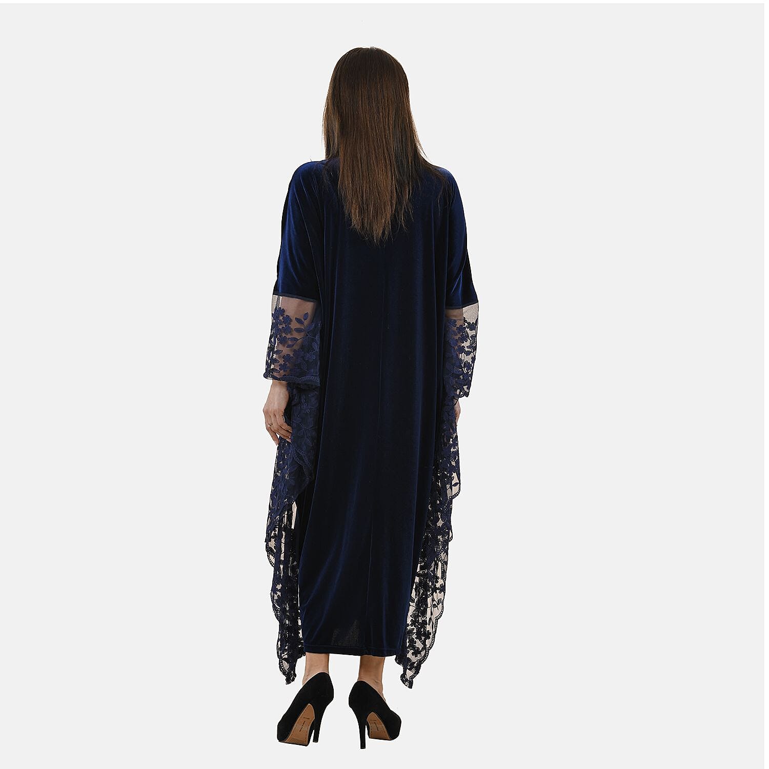 Tamsy Velvet Lace Trim Kaftan Maxi Dress (Size- 8-22) - Navy