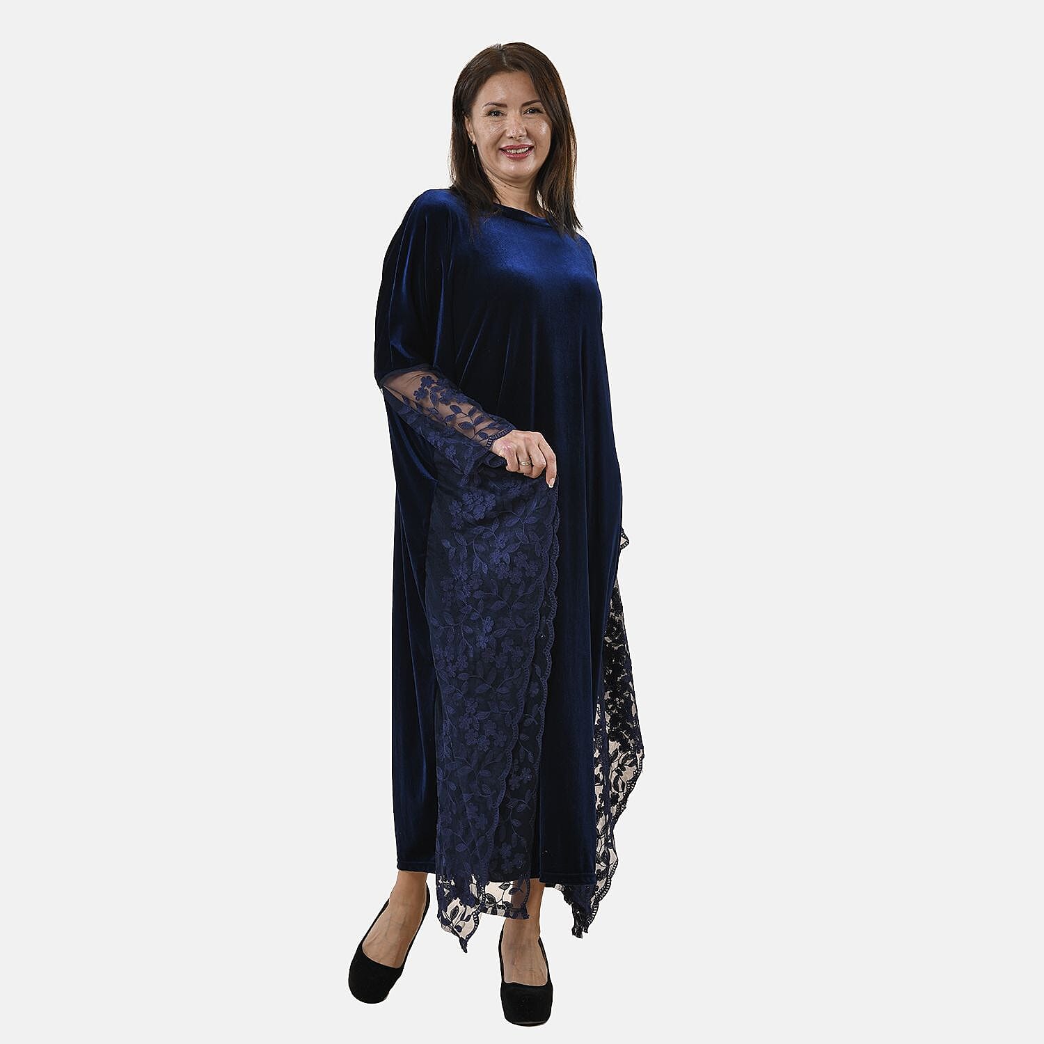 Tamsy Velvet Lace Trim Kaftan Maxi Dress (Size- 8-22) - Navy
