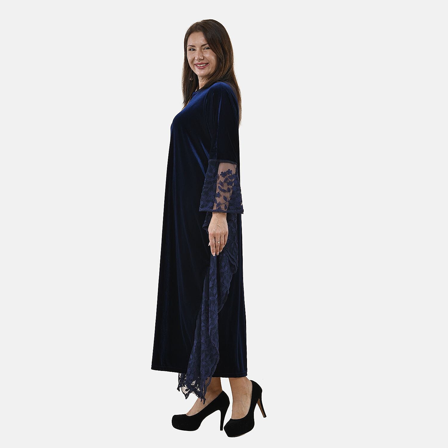 Tamsy Velvet Lace Trim Kaftan Maxi Dress (Size- 8-22) - Navy