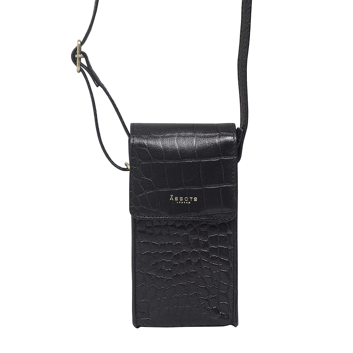 ASSOTS LONDON Tracy 100% Genuine Leather Croc Pattern Mobile Crossbody Bag with Shoulder Strap - Black