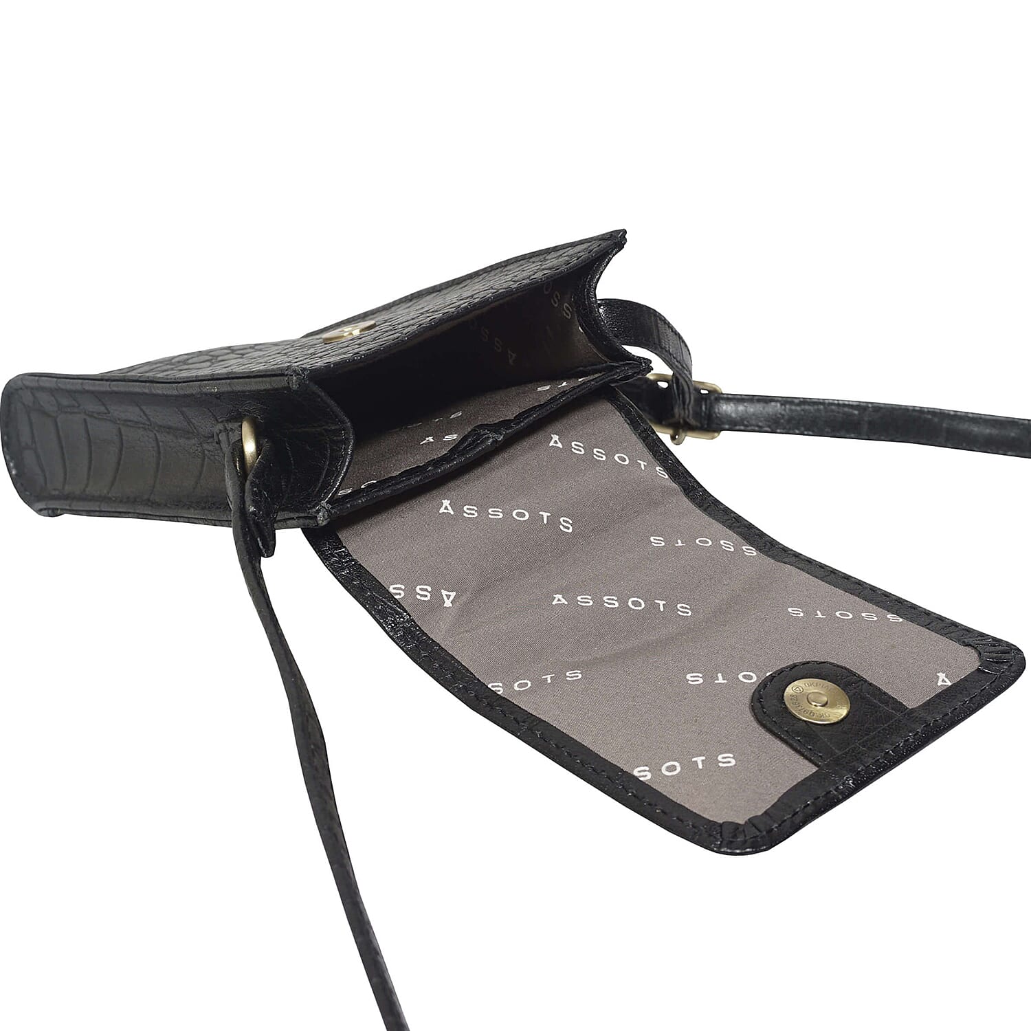 ASSOTS LONDON Tracy 100% Genuine Leather Croc Pattern Mobile Crossbody Bag with Shoulder Strap - Black