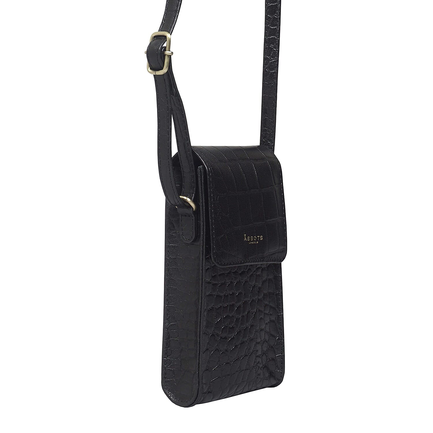ASSOTS LONDON Tracy 100% Genuine Leather Croc Pattern Mobile Crossbody Bag with Shoulder Strap - Black