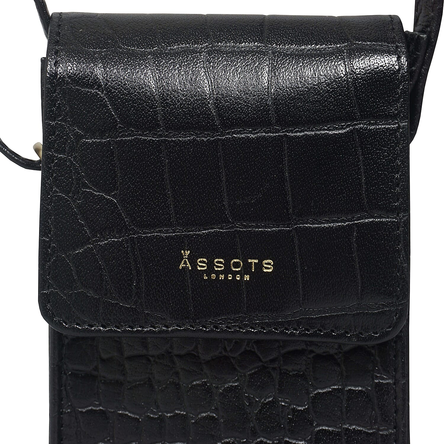ASSOTS LONDON Tracy 100% Genuine Leather Croc Pattern Mobile Crossbody Bag with Shoulder Strap - Black