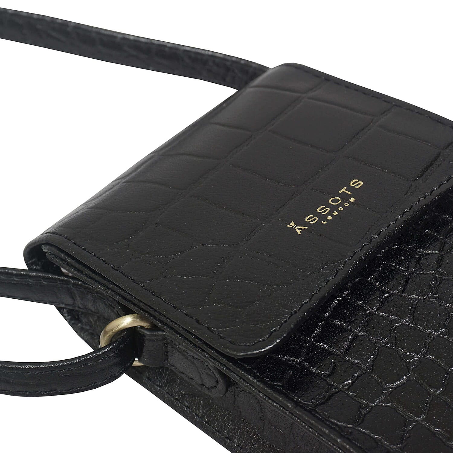 ASSOTS LONDON Tracy 100% Genuine Leather Croc Pattern Mobile Crossbody Bag with Shoulder Strap - Black