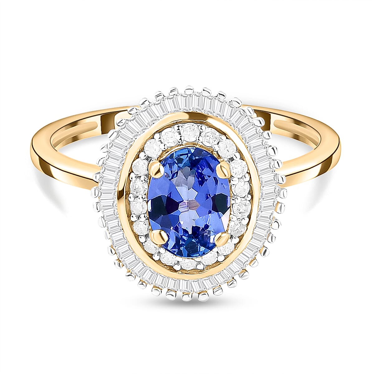 9K Yellow Gold Tanzanite and Diamond Halo Ring 1.08 Ct.