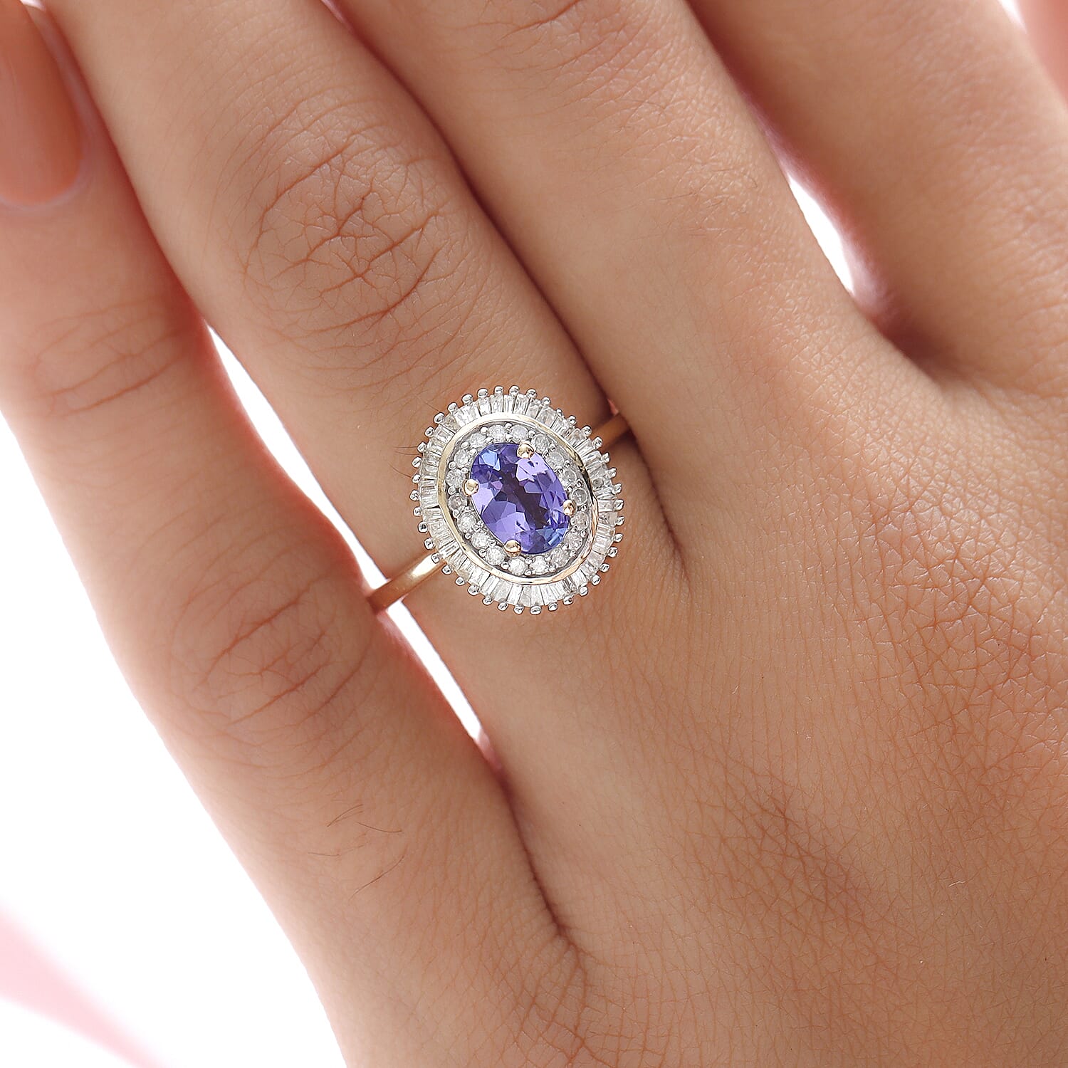 9K Yellow Gold Tanzanite and Diamond Halo Ring 1.08 Ct.