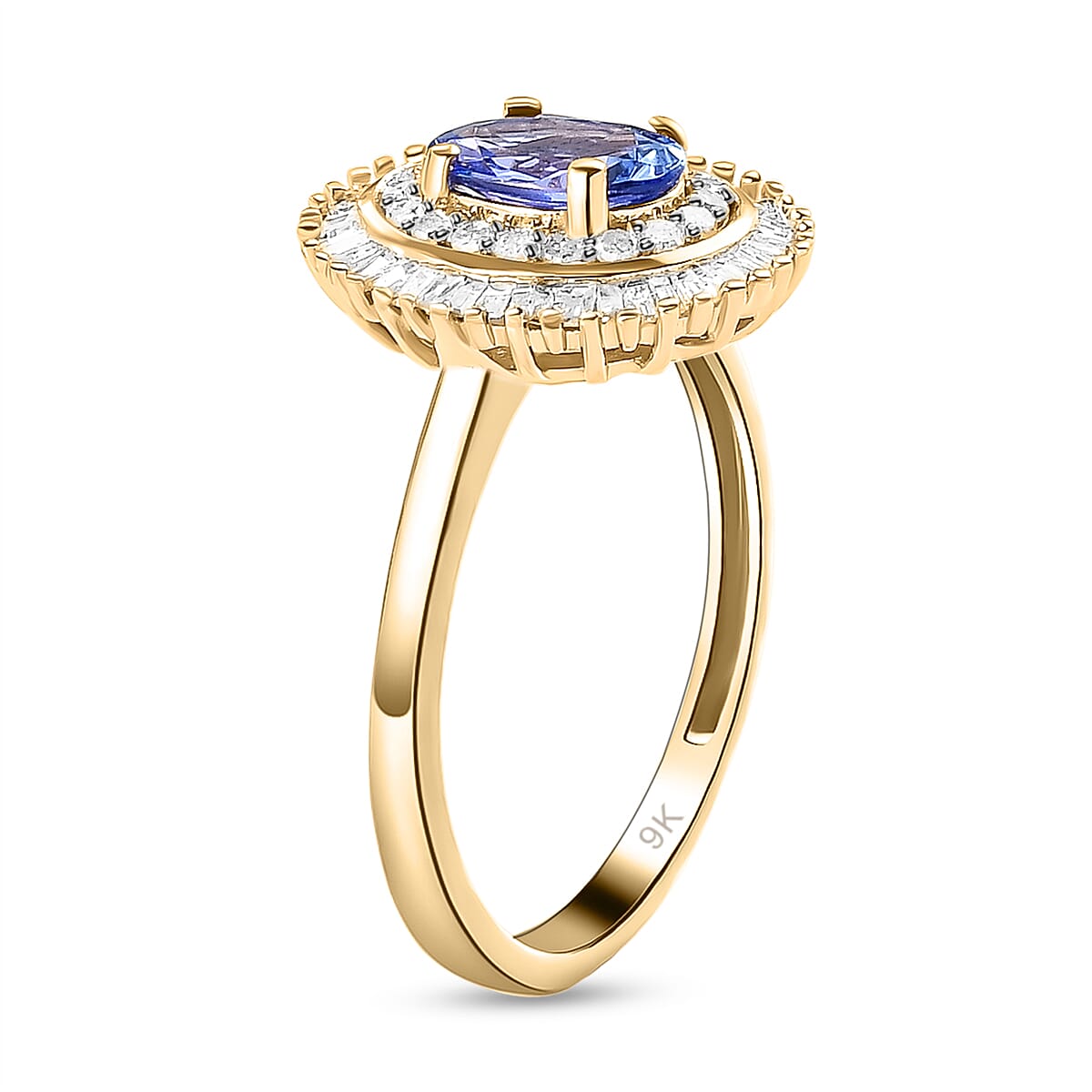 9K Yellow Gold Tanzanite and Diamond Halo Ring 1.08 Ct.