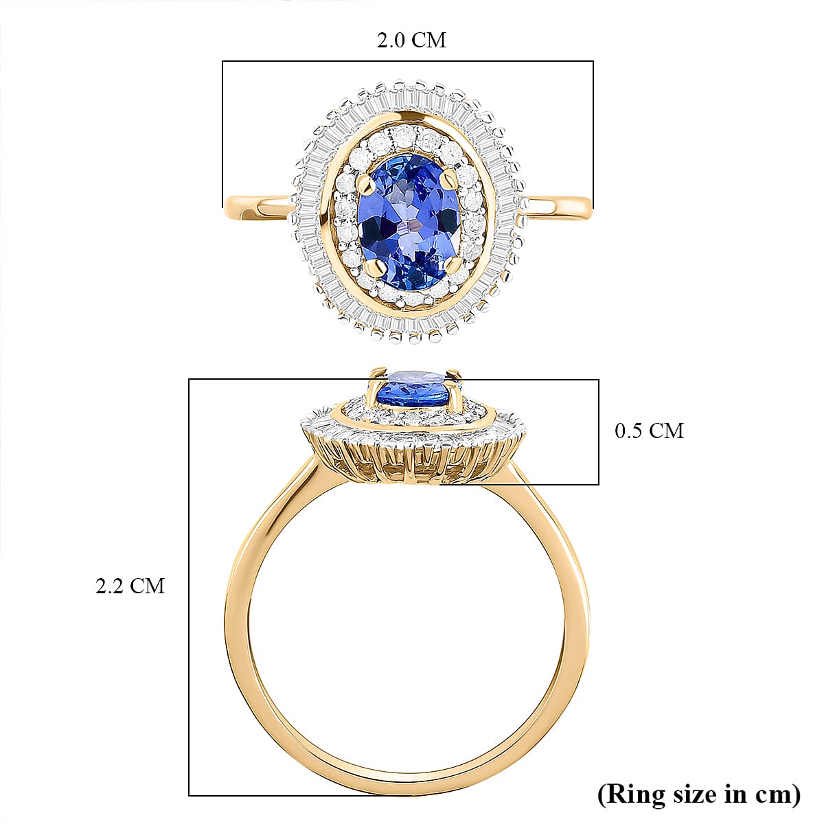 9K Yellow Gold Tanzanite and Diamond Halo Ring 1.08 Ct.