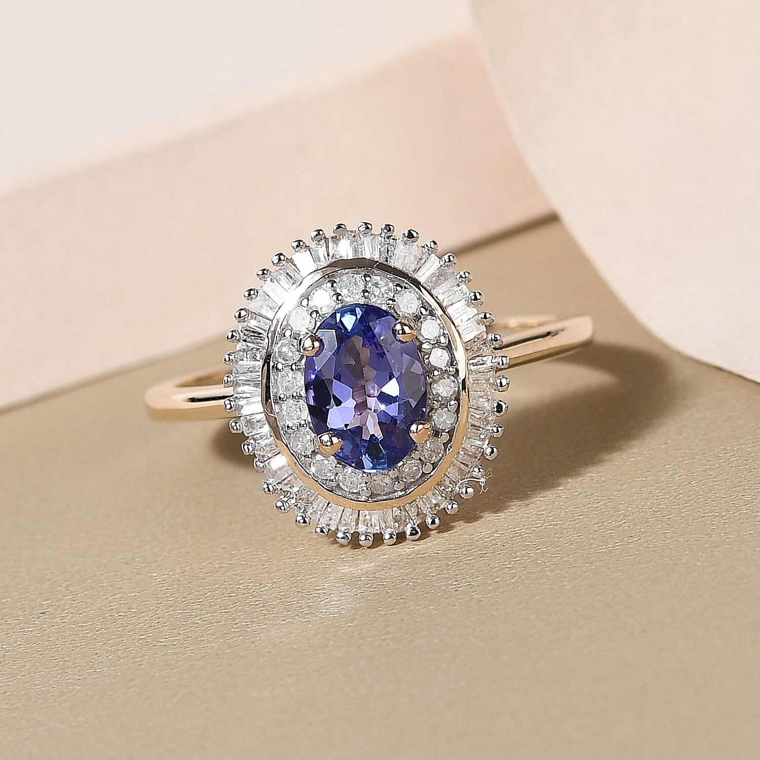 9K Yellow Gold Tanzanite and Diamond Halo Ring 1.08 Ct.