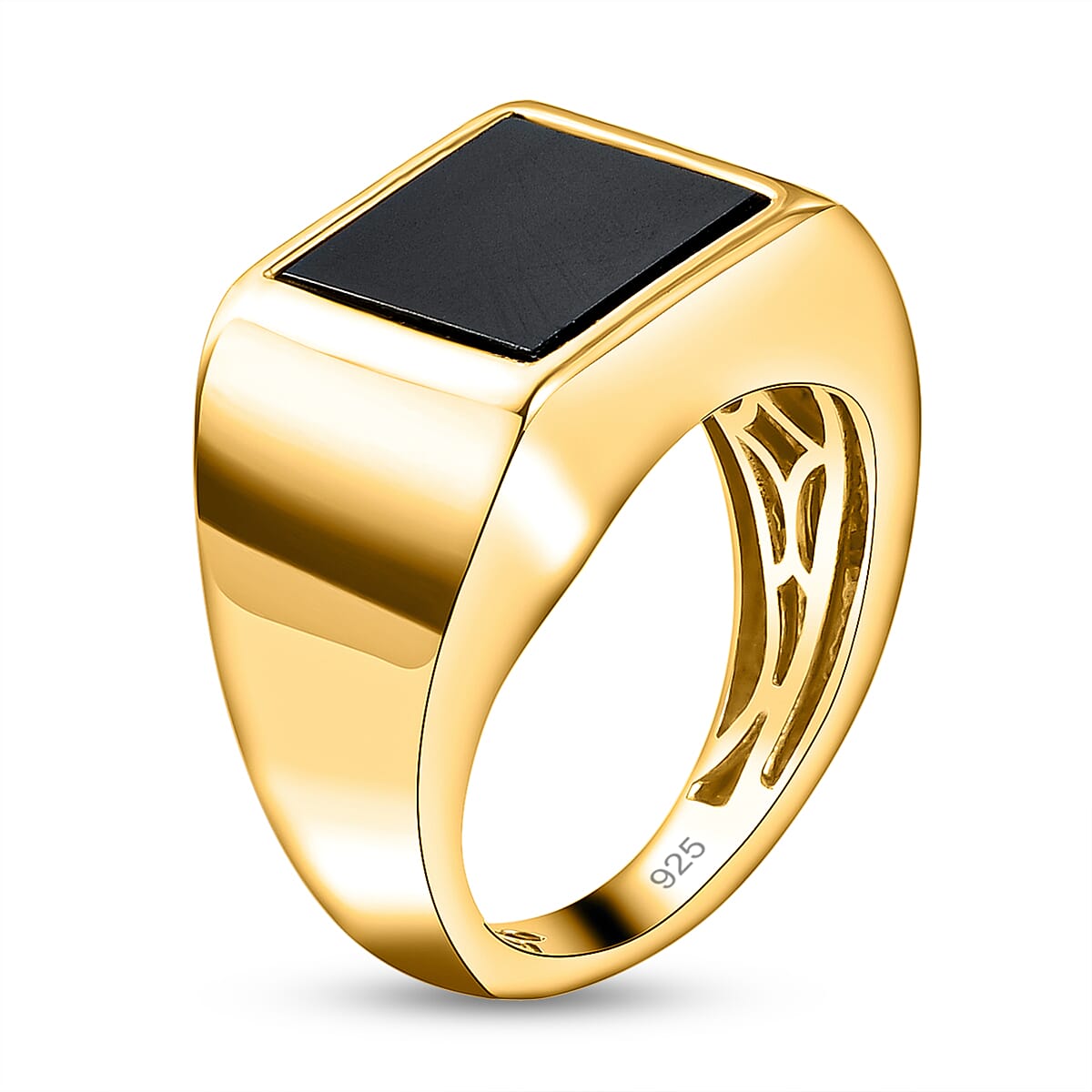 Black Onyx Solitaire Ring in 14K Vermeil Gold Overlay Sterling Silver 3.61 Ct, Silver Wt. 8.52 Gms