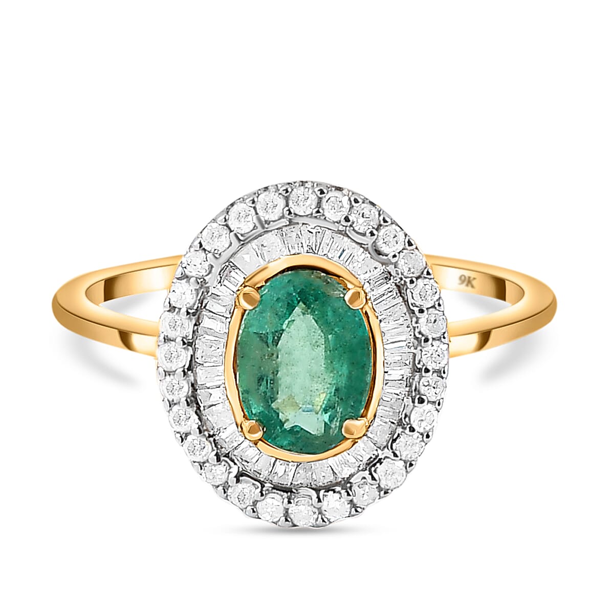 9K Yellow Gold Kagem Zambian Emerald and Diamond Ring 1.06 Ct.