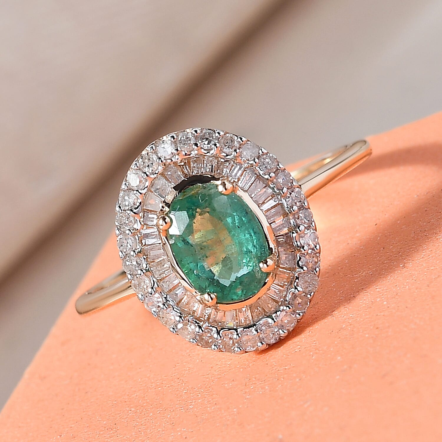 9K Yellow Gold Kagem Zambian Emerald and Diamond Ring 1.06 Ct.
