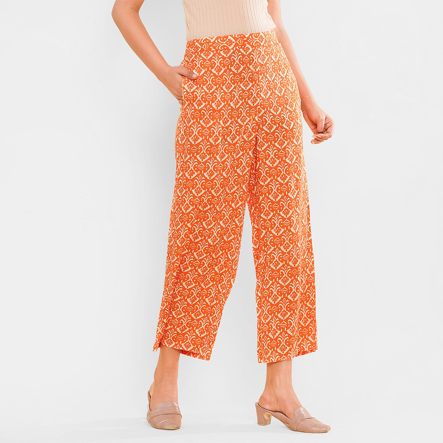 TAMSY 100% Viscose Printed Palazzo (Size L) - Orange