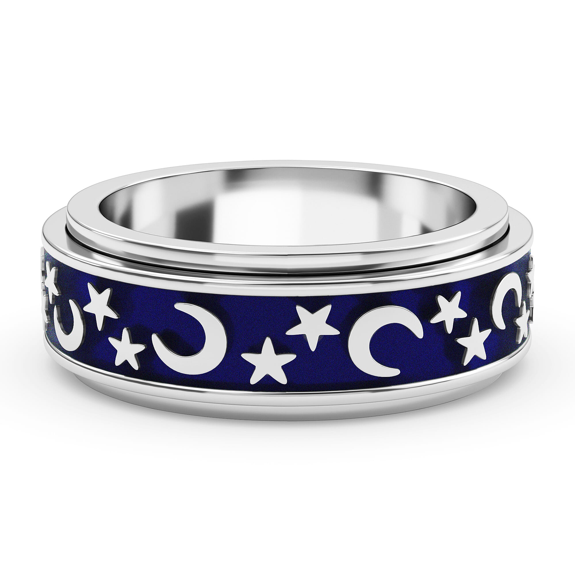 Platinum Overlay Enamelled Sterling Silver Moon & Star Spinner Ring, Silver Wt. 5.90 Gms