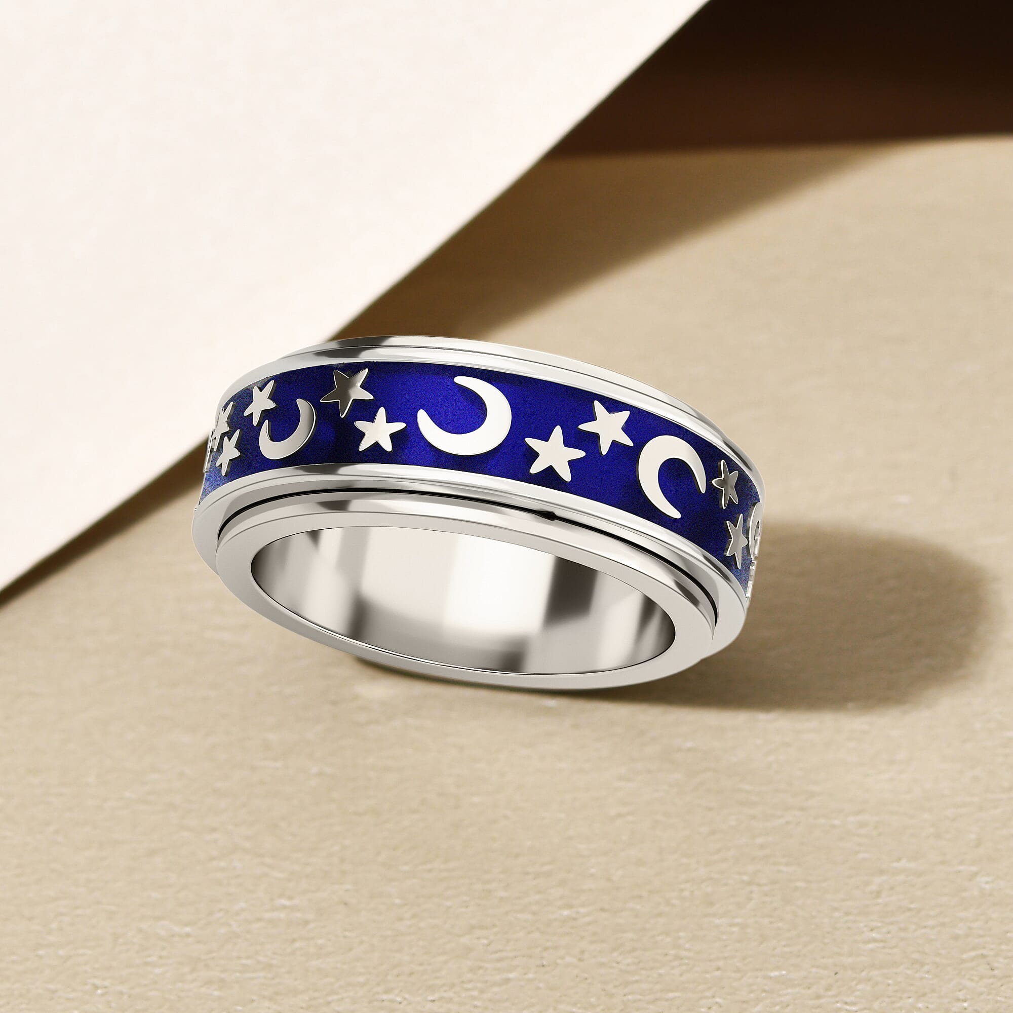 Platinum Overlay Enamelled Sterling Silver Moon & Star Spinner Ring, Silver Wt. 5.90 Gms