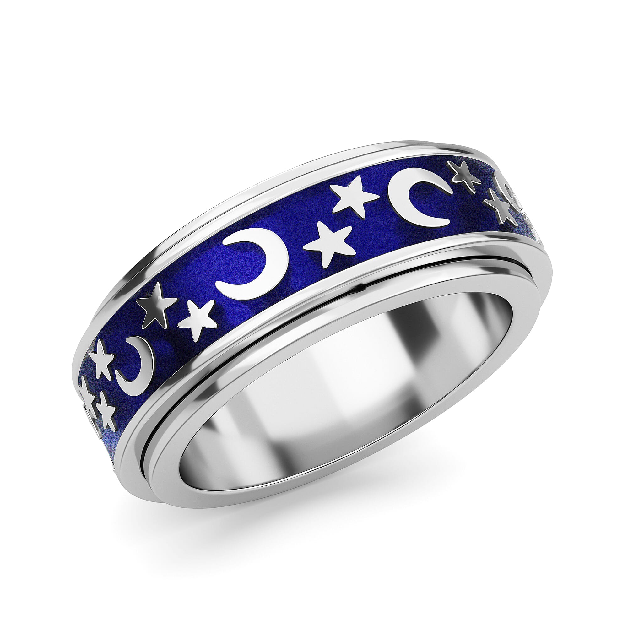 Platinum Overlay Enamelled Sterling Silver Moon & Star Spinner Ring, Silver Wt. 5.90 Gms