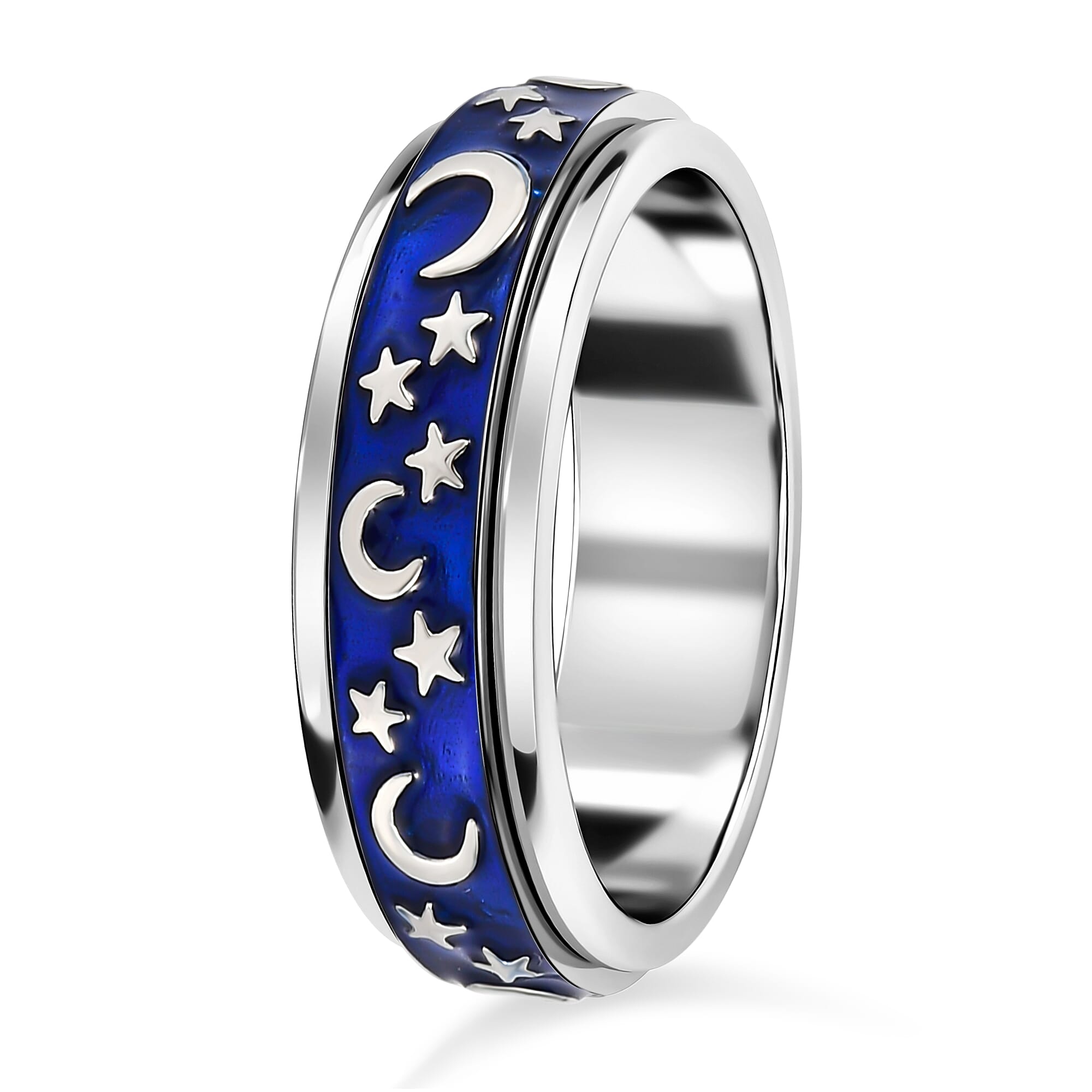 Platinum Overlay Enamelled Sterling Silver Moon & Star Spinner Ring, Silver Wt. 5.90 Gms