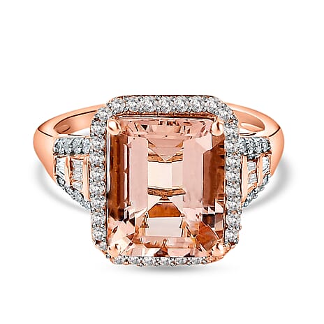 14K Rose Gold Morganite and Round Cut Diamond Halo Ring 4.70 Ct