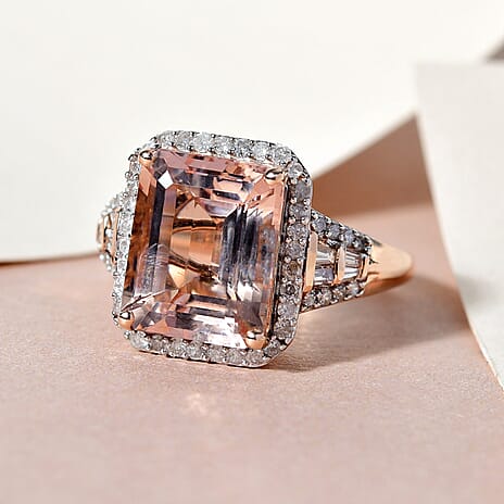 14K Rose Gold Morganite and Round Cut Diamond Halo Ring 4.70 Ct