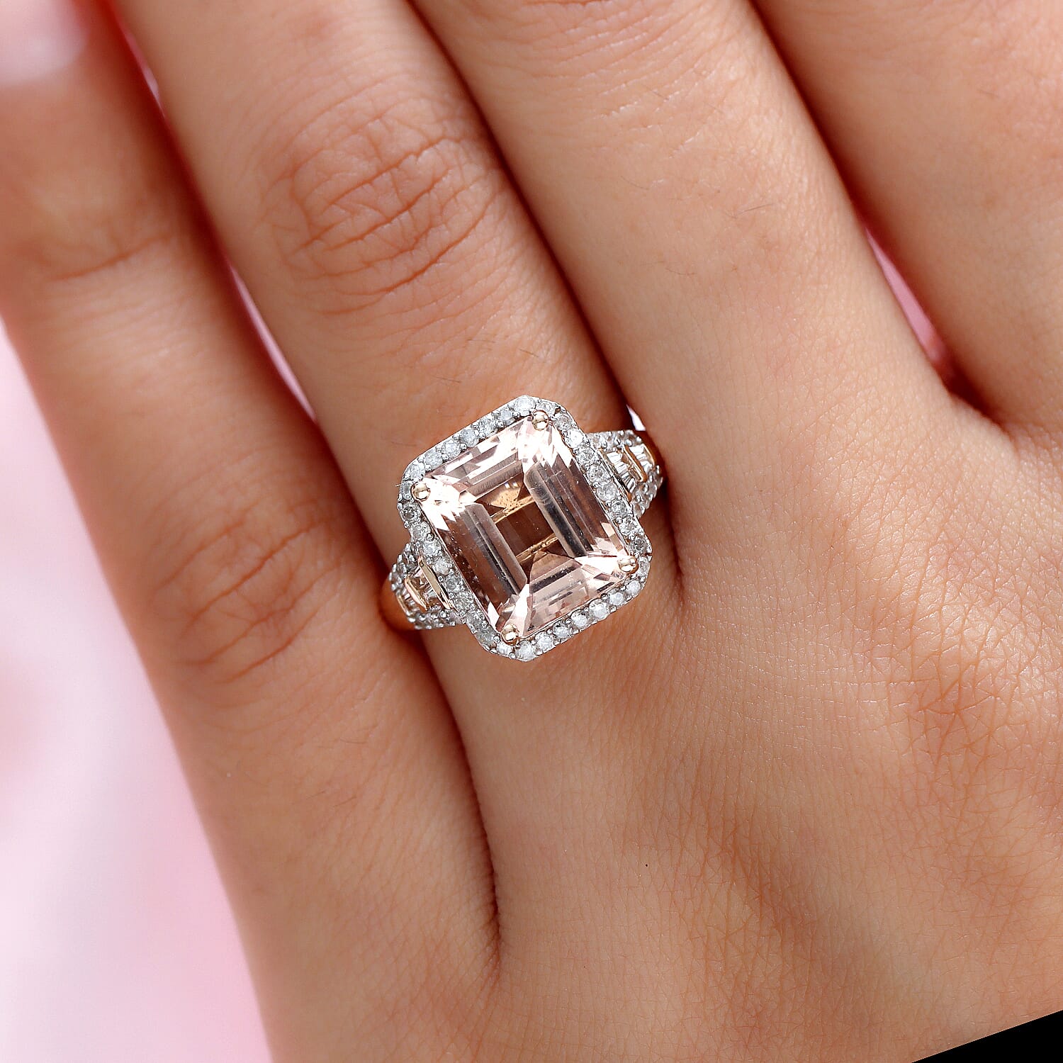 14K Rose Gold Morganite and Round Cut Diamond Halo Ring 4.70 Ct