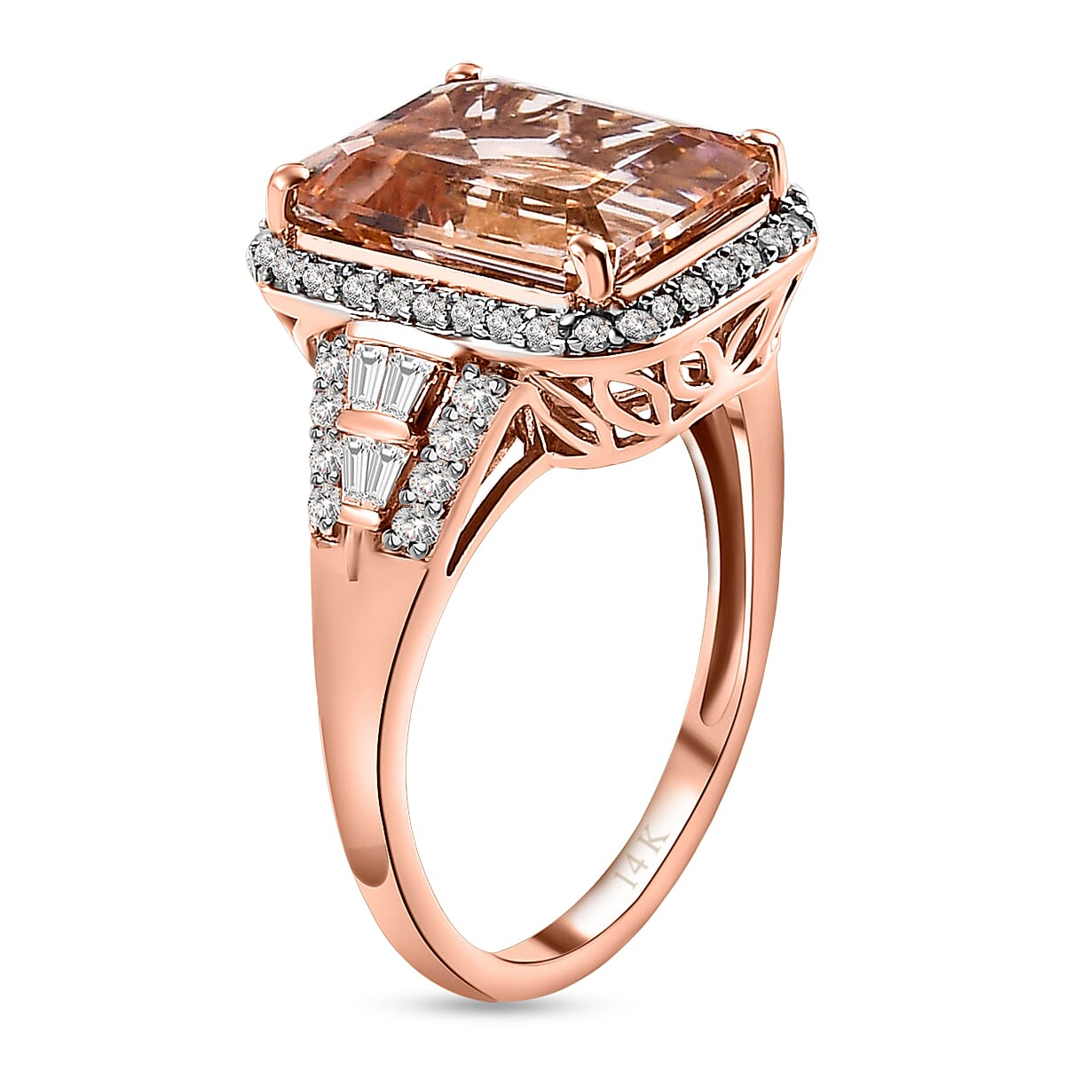 14K Rose Gold Morganite and Round Cut Diamond Halo Ring 4.70 Ct