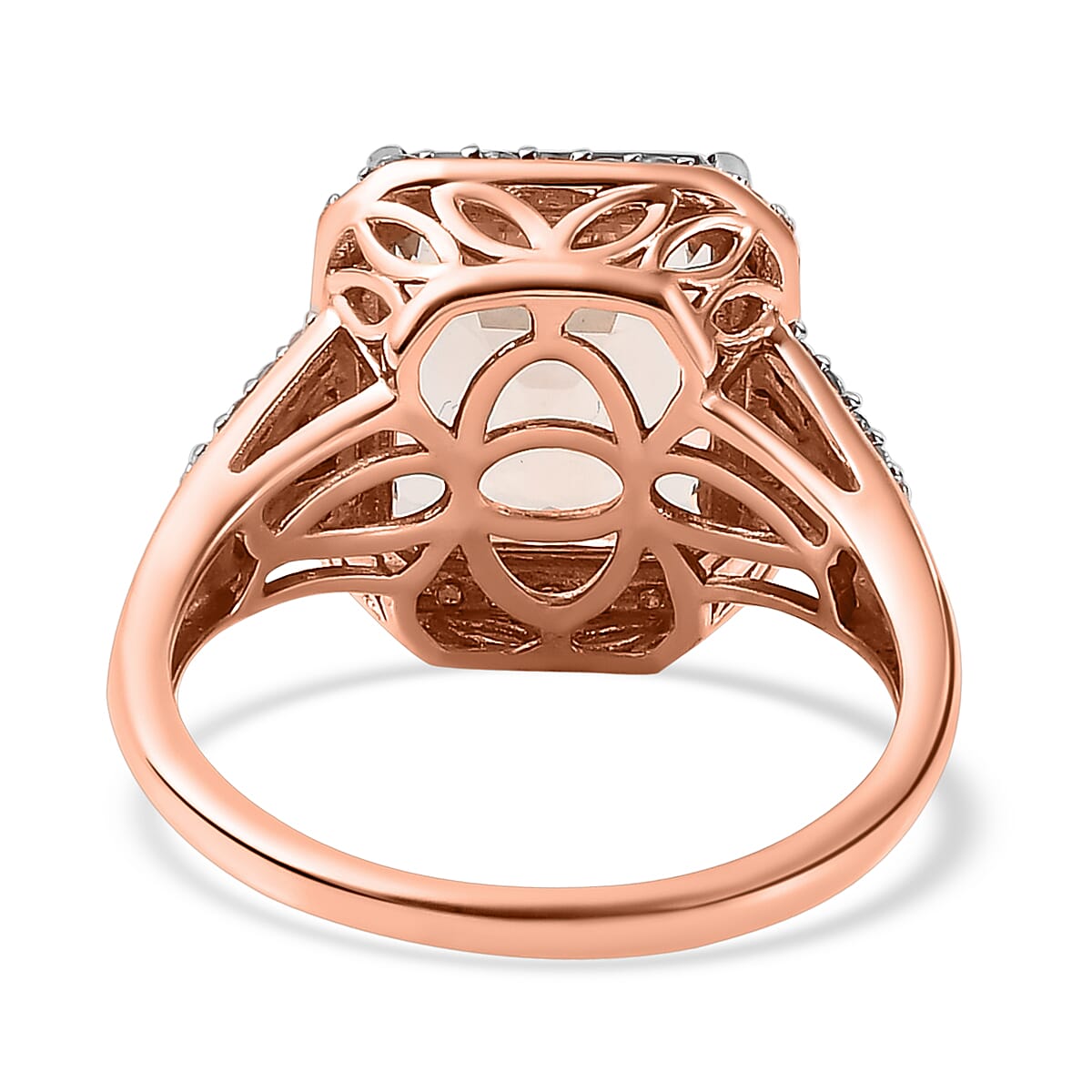 14K Rose Gold Morganite and Round Cut Diamond Halo Ring 4.70 Ct