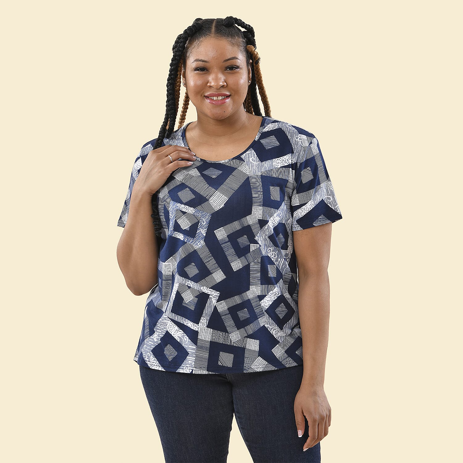 TAMSY Geometric Pattern T-Shirt (Size L,16-18) - Navy