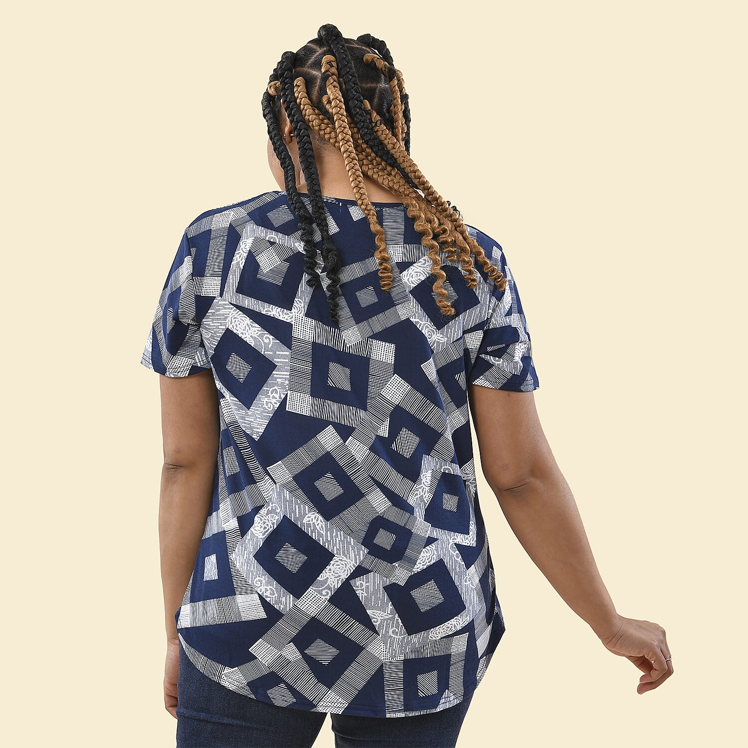 TAMSY Geometric Pattern T-Shirt (Size L,16-18) - Navy