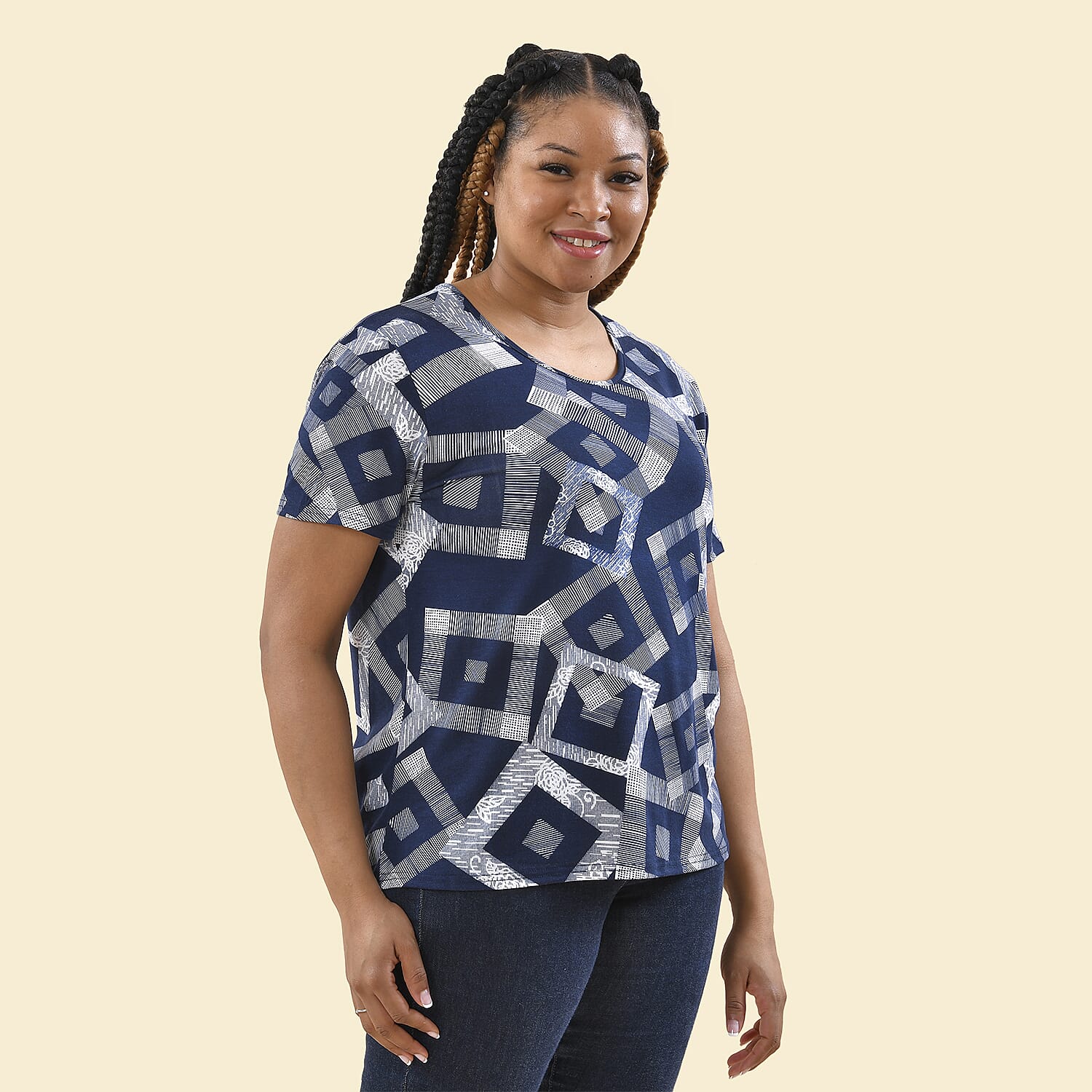 TAMSY Geometric Pattern T-Shirt (Size L,16-18) - Navy