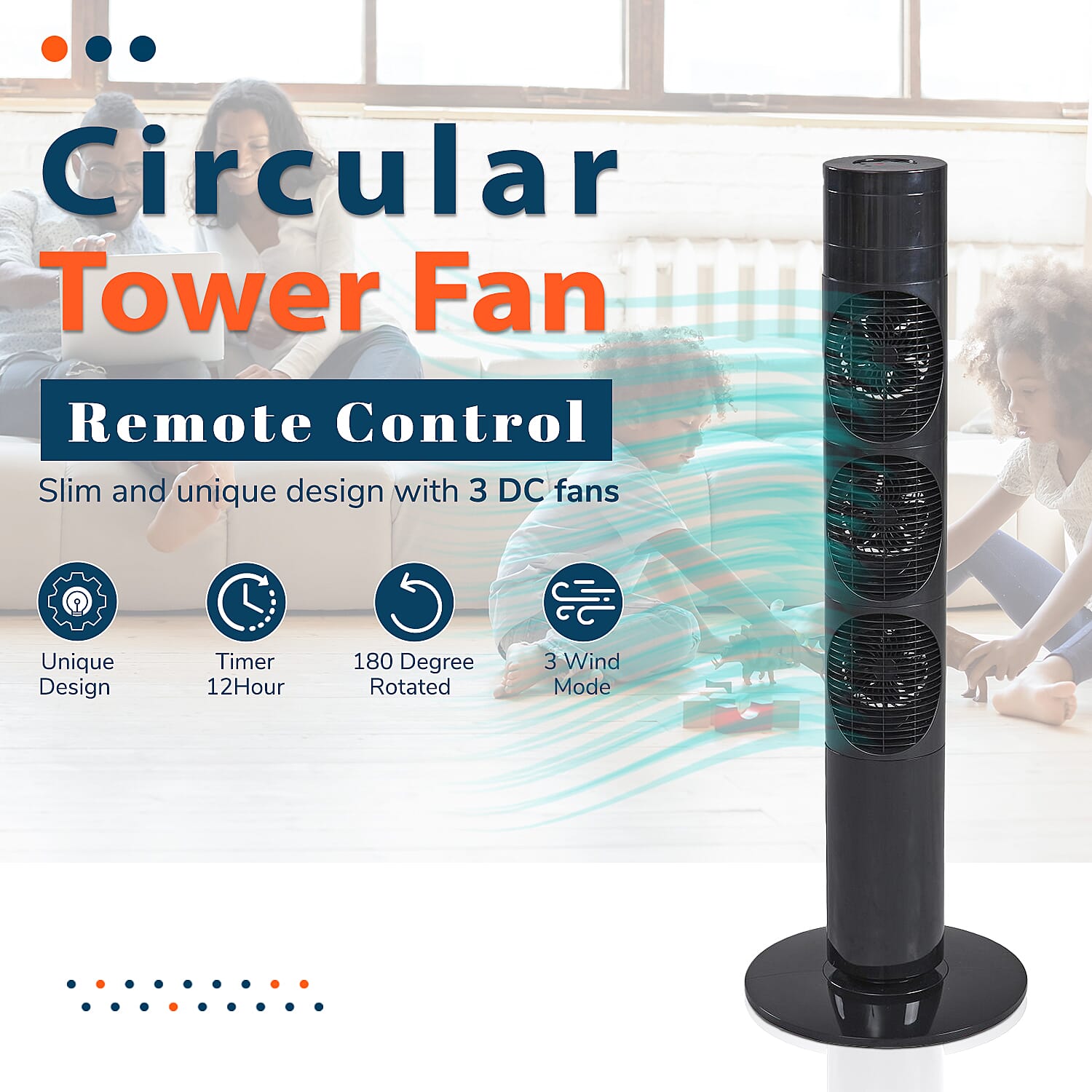 3 Way Multi Directional 20W Power Saving Tower Fan with 3 Wind Mode and Remote Control (Height 98cm) - Black (Costs Less Than 1p Per Hour in Energy)