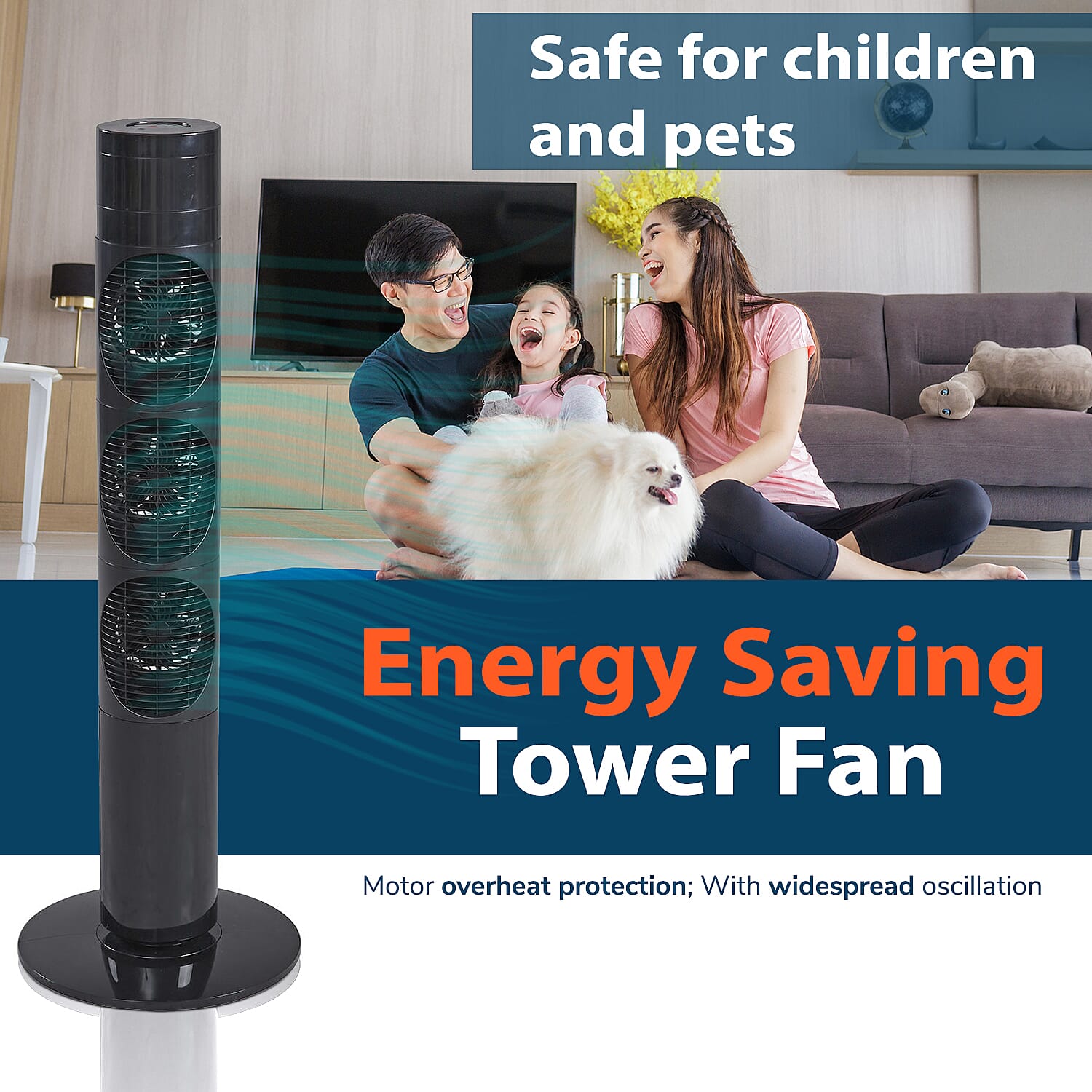 3 Way Multi Directional 20W Power Saving Tower Fan with 3 Wind Mode and Remote Control (Height 98cm) - Black (Costs Less Than 1p Per Hour in Energy)