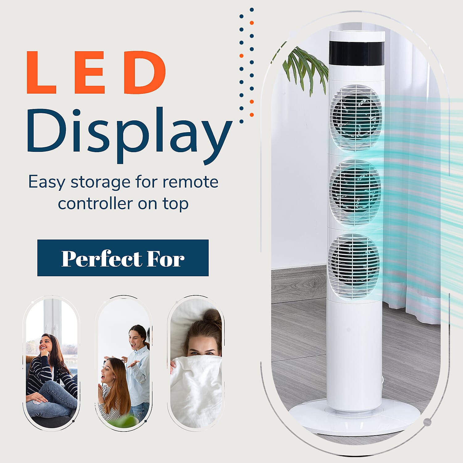 3 Way Multi Directional 20W Power Saving Tower Fan with 3 Wind Mode and Remote Control (Height 98cm) - White (Costs Less Than 1p Per Hour in Energy)