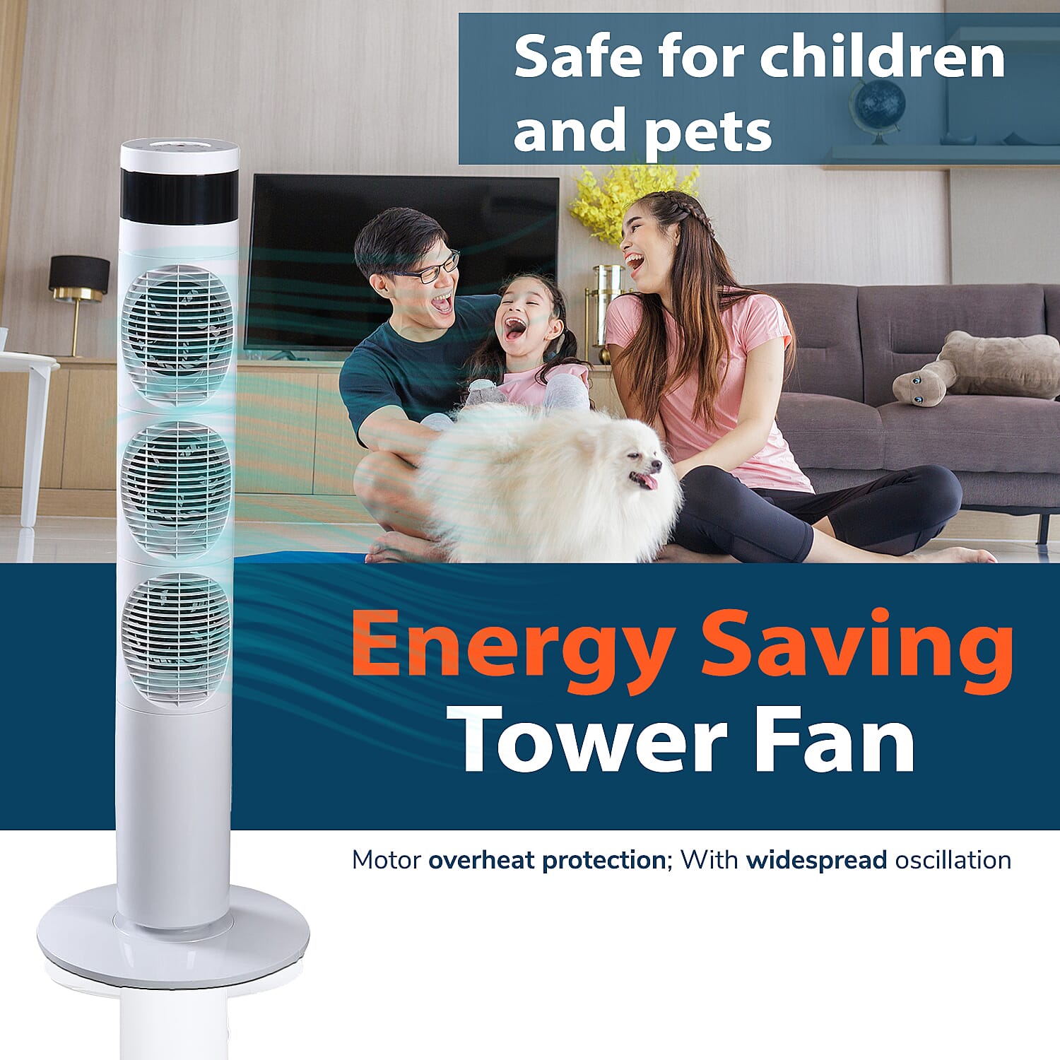 3 Way Multi Directional 20W Power Saving Tower Fan with 3 Wind Mode and Remote Control (Height 98cm) - White (Costs Less Than 1p Per Hour in Energy)