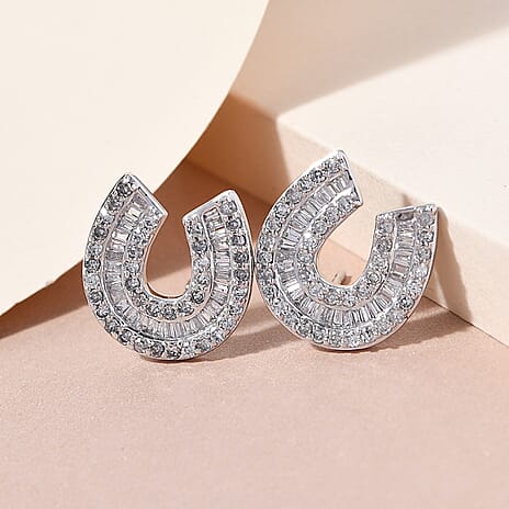 9K White Gold SGL Certified Diamond (I3-G-H) Horseshoe Earrings (With Push Back) 1.02 Ct.
