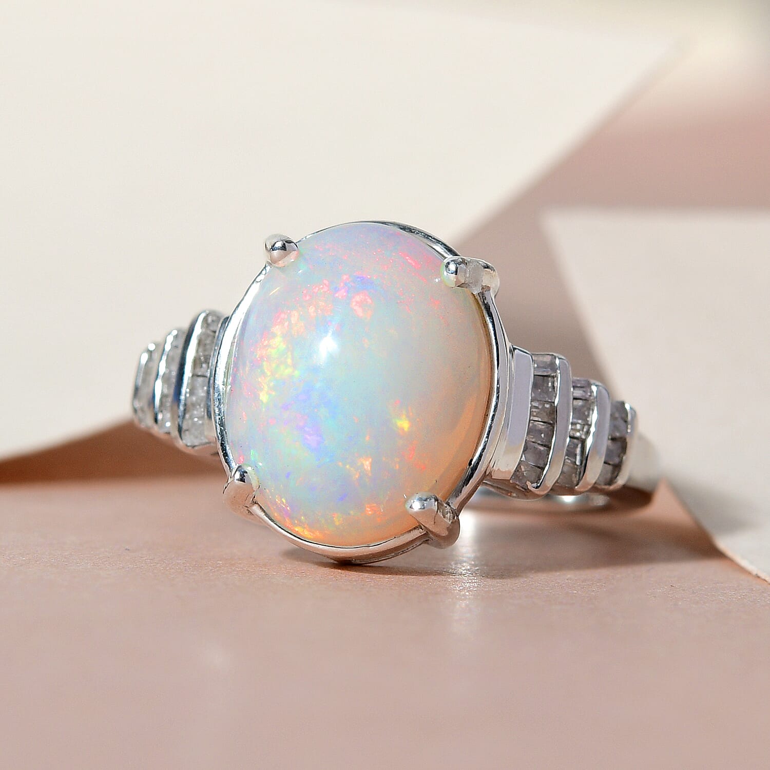 Ethiopian Welo Opal and Diamond Ring in Platinum Overlay Sterling Silver 2.80 Ct.