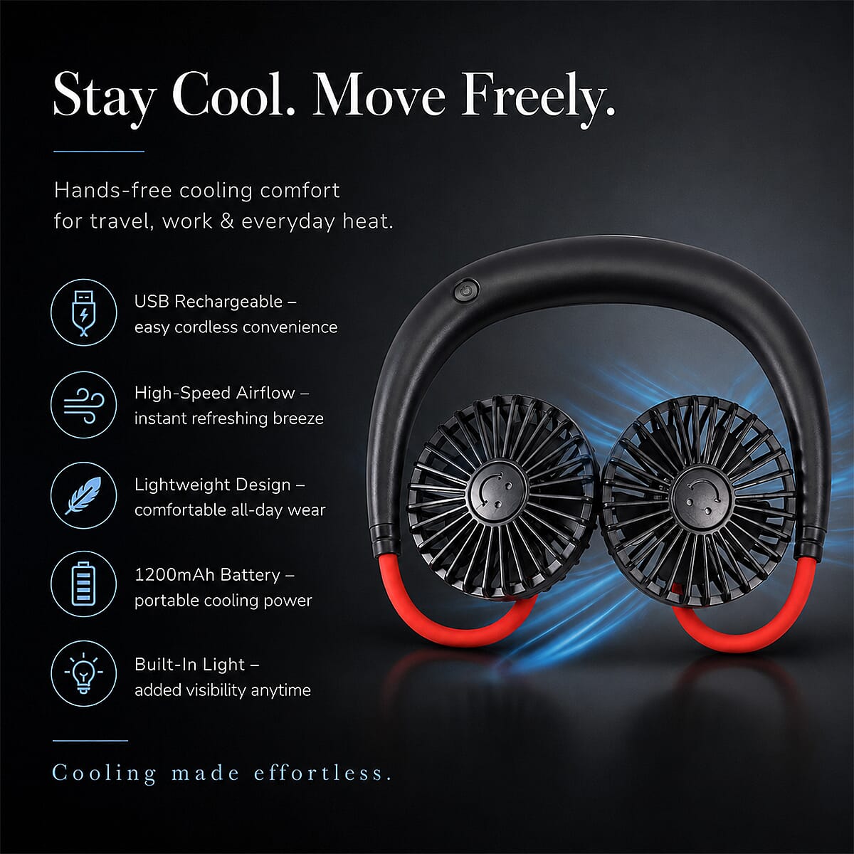Rechargeable Neck Fan with Light - Black