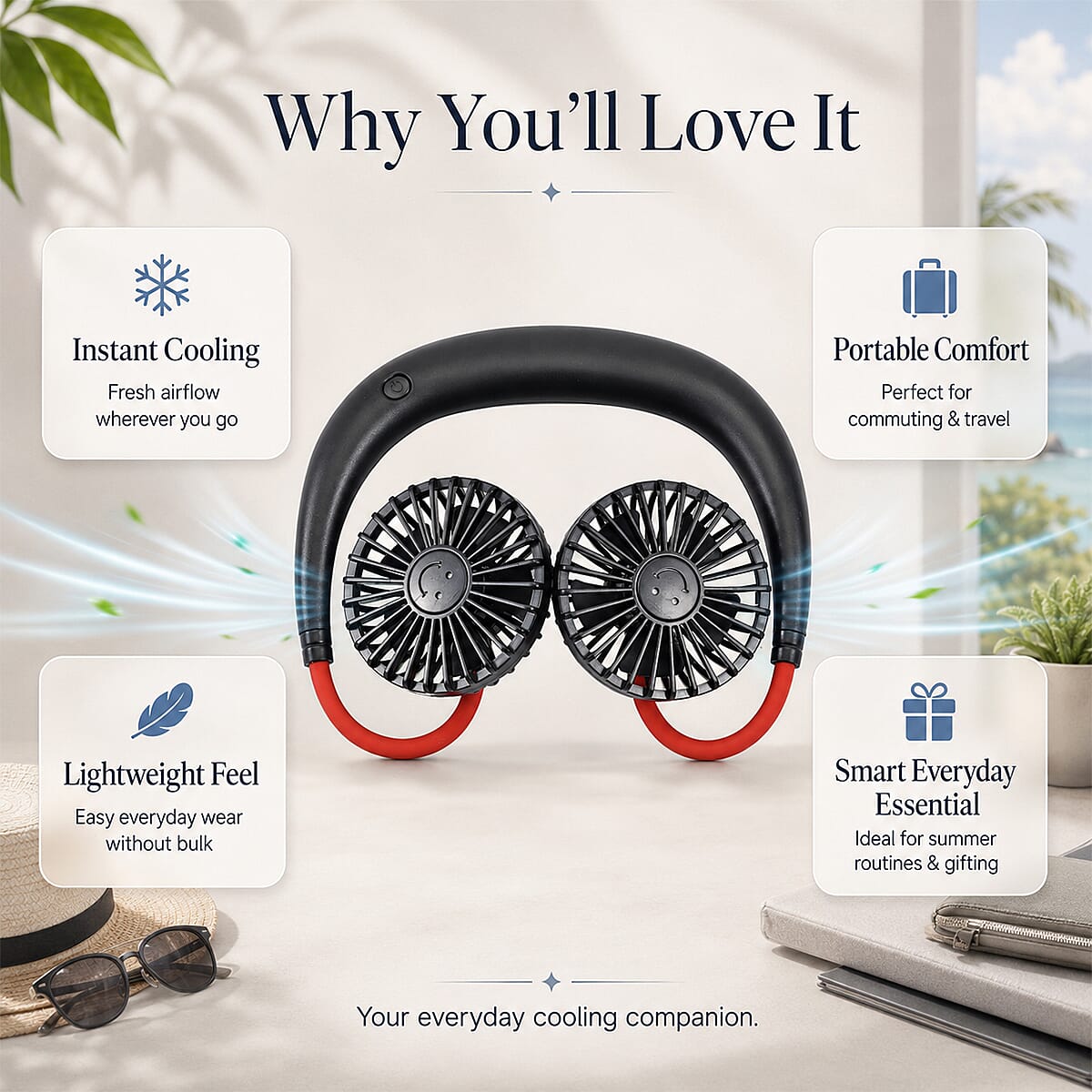 Rechargeable Neck Fan with Light - Black