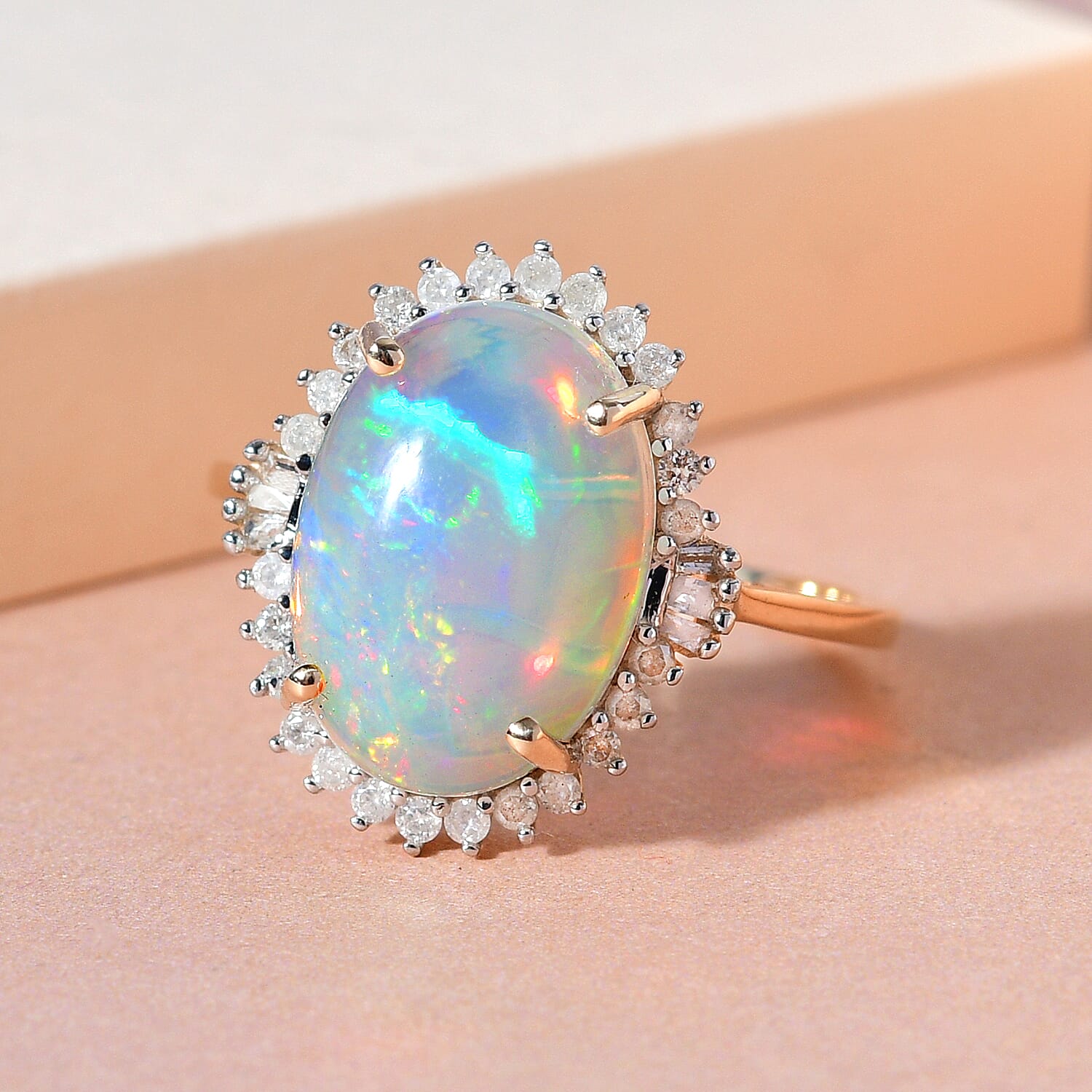 9K Yellow Gold AAA Ethiopian Welo Opal and Diamond Ring 4.20 Ct.