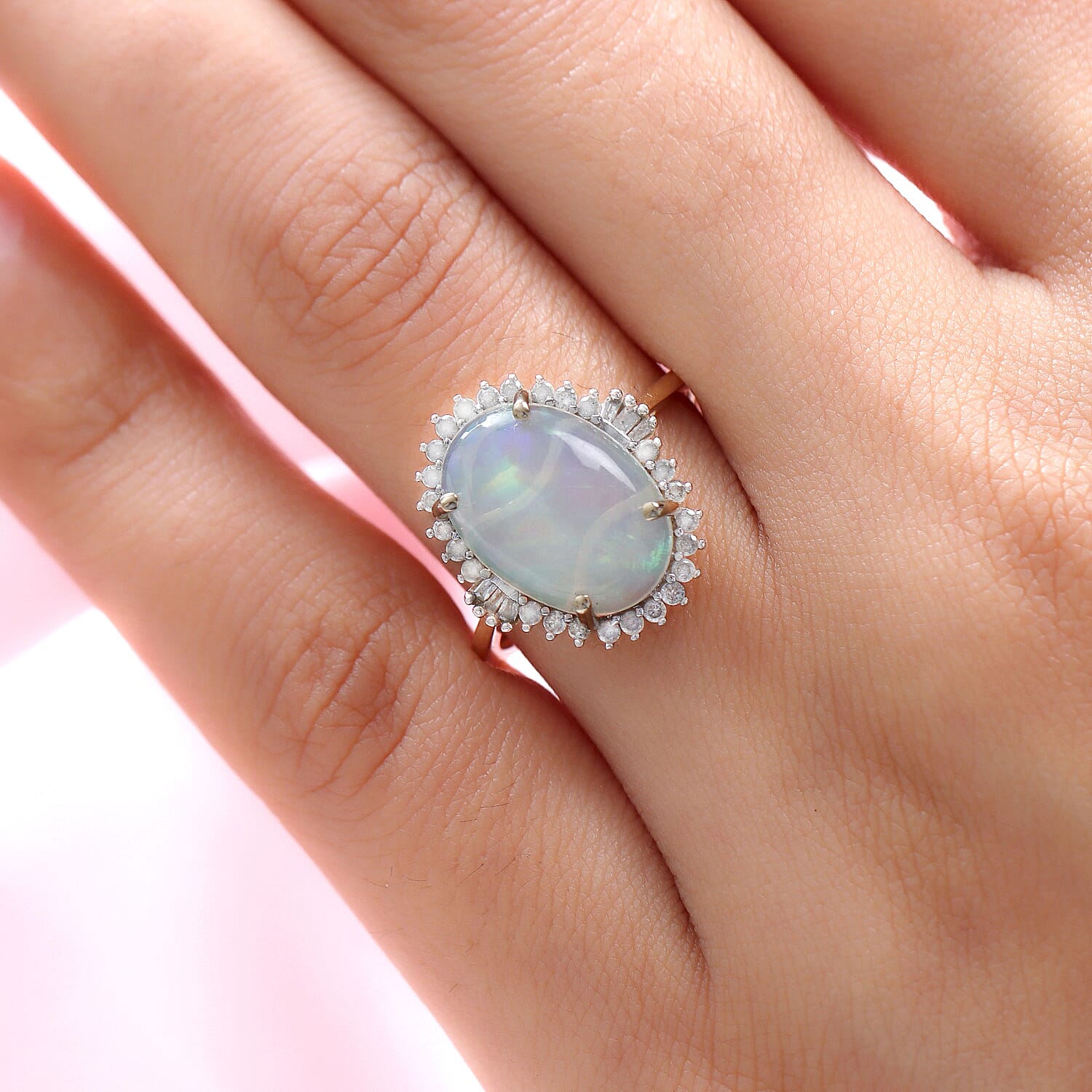 9K Yellow Gold AAA Ethiopian Welo Opal and Diamond Ring 4.20 Ct.