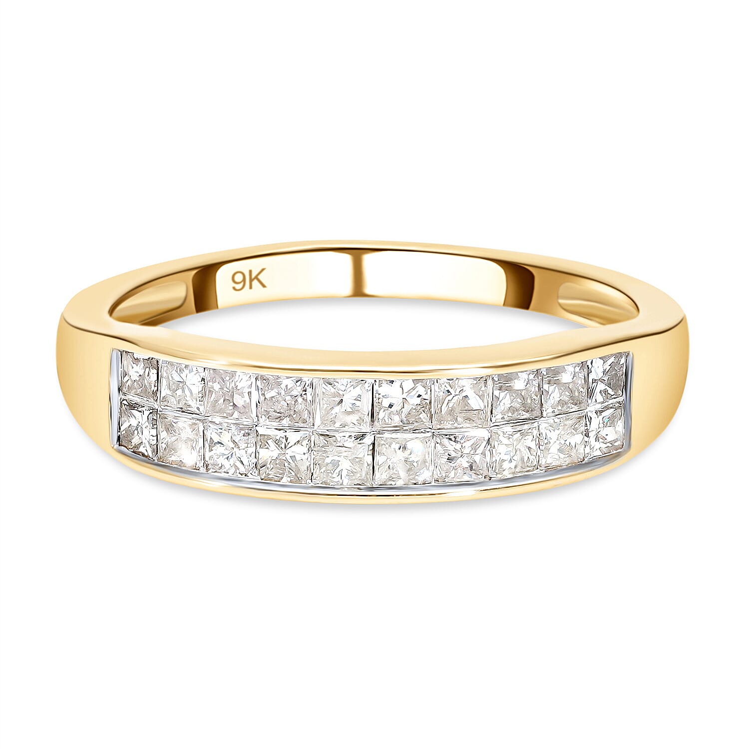 9K Yellow Gold SGL Certified Diamond (I3/G-H) Double Row Half Eternity Ring 1.00 Ct.