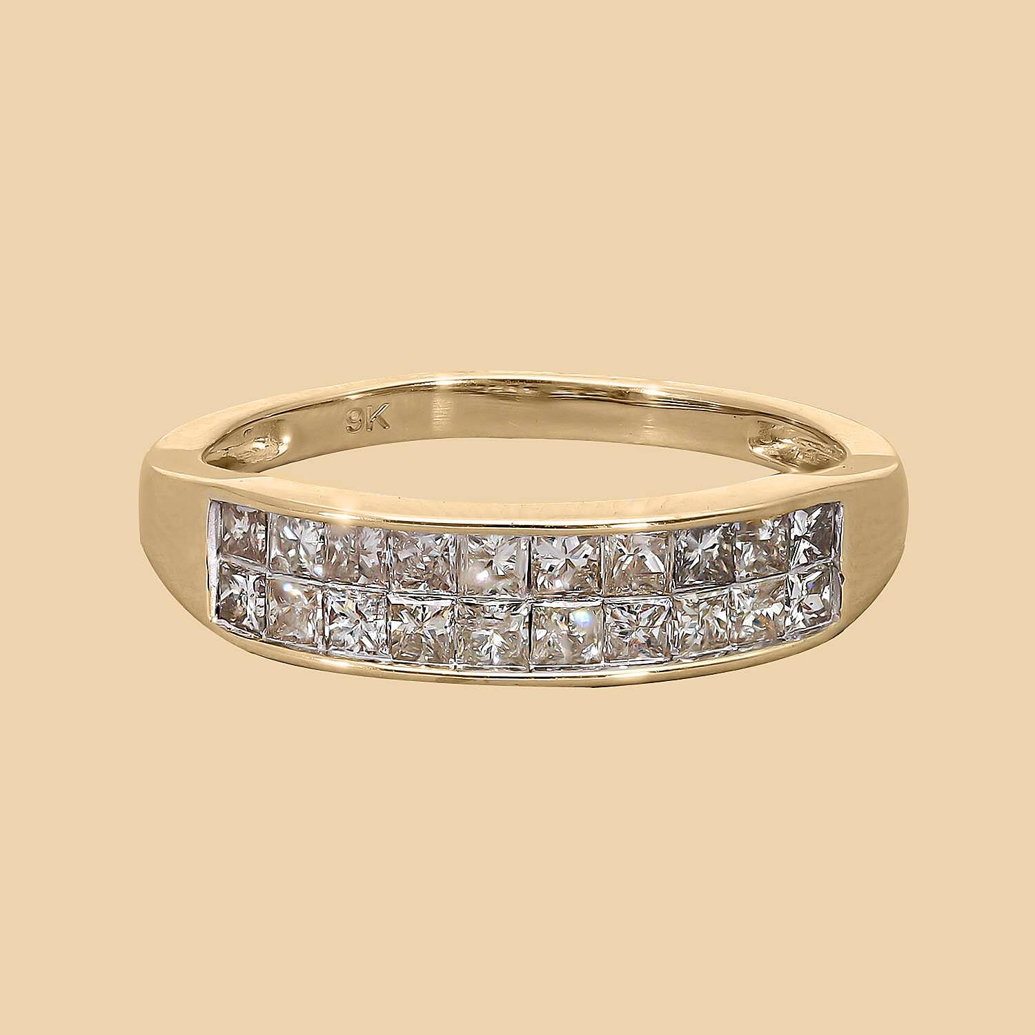 9K Yellow Gold SGL Certified Diamond (I3/G-H) Double Row Half Eternity Ring 1.00 Ct.