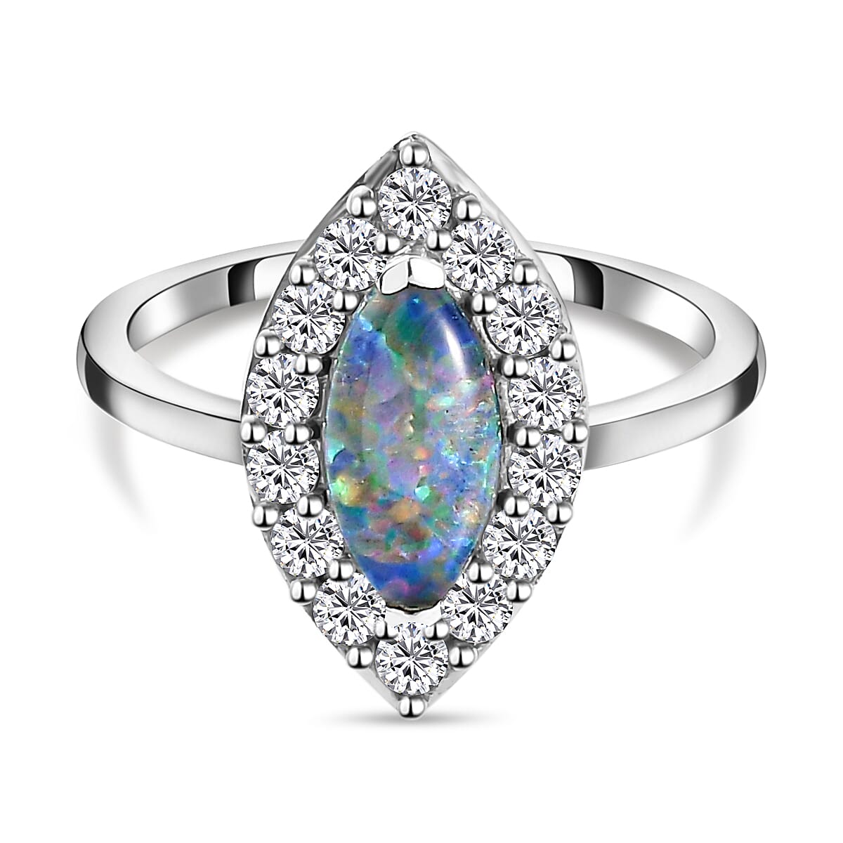 Australian Boulder Opal Triplet and Natural Cambodian Zircon Ring in Platinum Overlay  Sterling Silver 1.60 Ct.