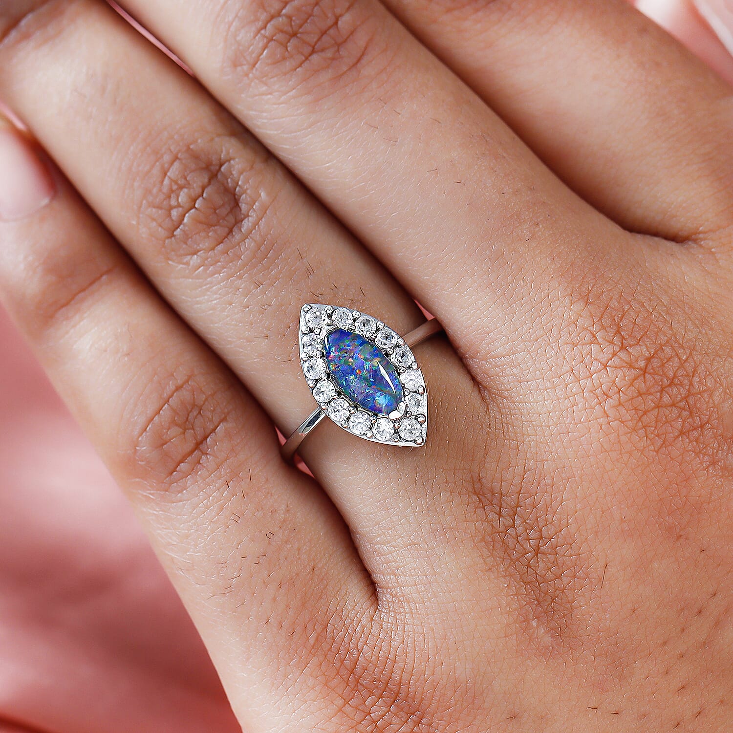 Australian Boulder Opal Triplet and Natural Cambodian Zircon Ring in Platinum Overlay  Sterling Silver 1.60 Ct.