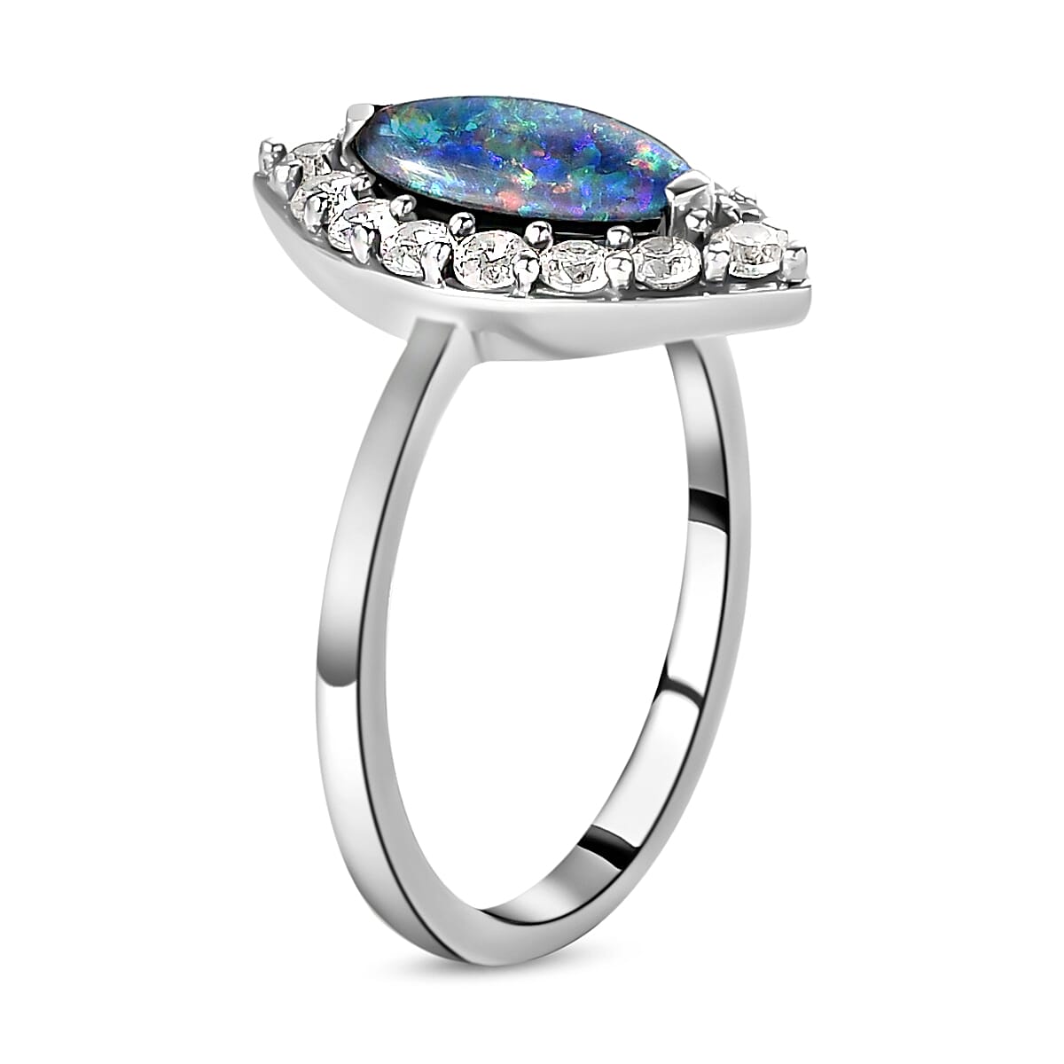 Australian Boulder Opal Triplet and Natural Cambodian Zircon Ring in Platinum Overlay  Sterling Silver 1.60 Ct.