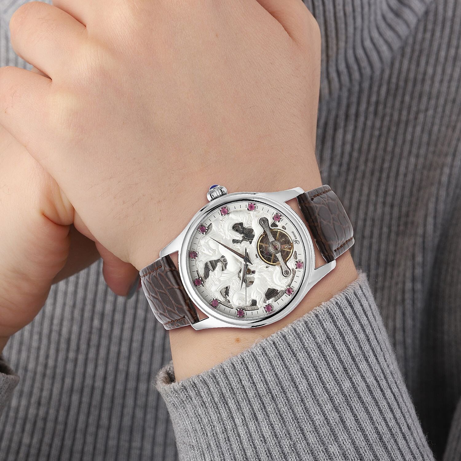 Automatic Skeleton Watch with 12 - Natural Rubies and  Leather Strap 5ATM Water Resistant