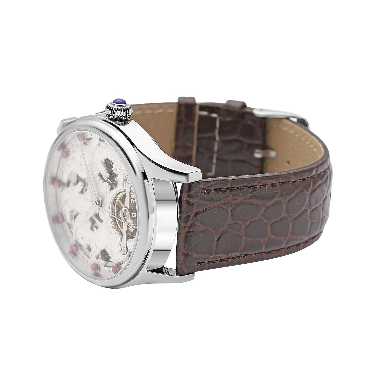Automatic Skeleton Watch with 12 - Natural Rubies and  Leather Strap 5ATM Water Resistant
