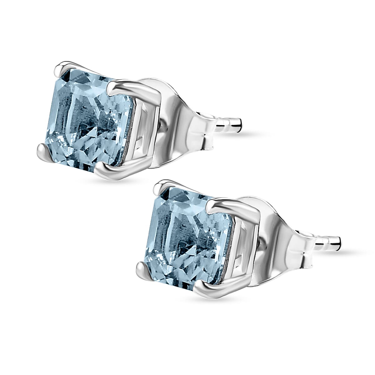 Santa Teresa Aquamarine (Asscher Cut) Stud Earrings (with Push Back) in Platinum Overlay Sterling Silver 1.21 Ct.